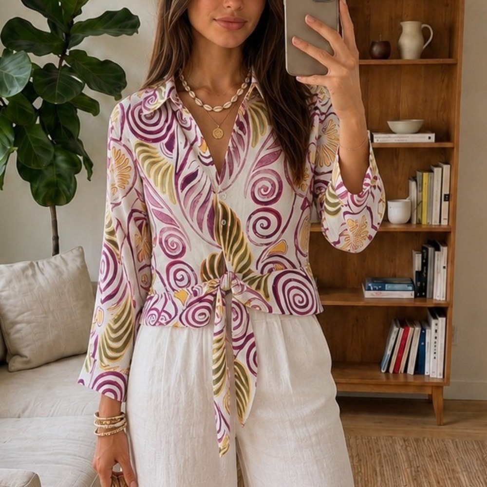 Christian Siriano Linen Blouse M Abstract Tie Front Boho Coastal Resort Artsy